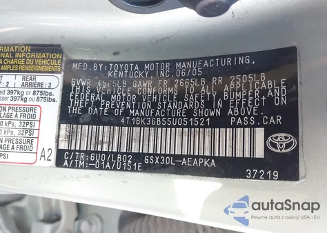 2005 Toyota Avalon Limited z USA, uszkodzony, nr VIN 4T1BK36B55U051521